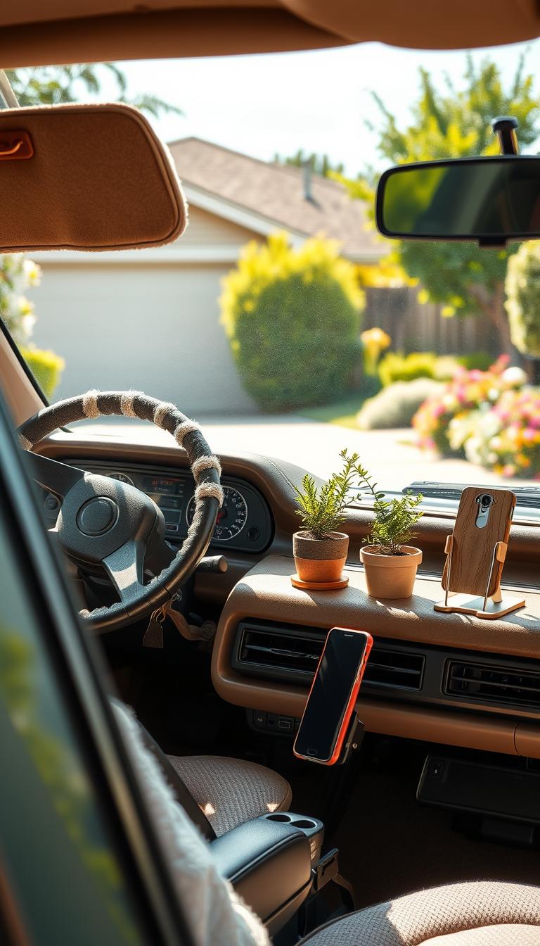 21 Stylish Senior Car Decorating Ideas to Personalize Your Ride a detailed, realistic scene of affordable senior car decorations in a warm, inviting atmosphere. In the foreground, a well-maintained older model sedan is the focus, adorned with subtle touches like a classic fuzzy steering wheel cover, a beaded seatbelt cushion, and a reflective sun visor embroidered with a nature-inspired pattern. The middle ground showcases a selection of low-cost decor items arranged neatly on the car's dashboard, such as a miniature potted plant, a handcrafted wooden trinket holder, and a dashboard-mounted phone mount. The background depicts a cozy suburban driveway on a sunny day, with lush greenery and a cheerful garden in the distance, creating an overall sense of comfort and personalization.
