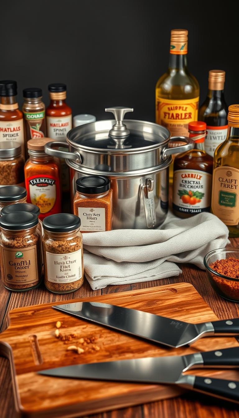 21 Unique Father's Day Gift Ideas He'll Actually Love A still life arrangement showcasing an assortment of culinary gifts for a dad who loves to cook. In the foreground, a set of high-quality chef's knives rests on a wooden cutting board, their blades gleaming under warm, directional lighting. Behind them, an array of gourmet spices and seasonings in sleek glass jars, their labels facing the camera. In the middle ground, a premium stainless steel cookware set sits atop a linen kitchen towel, its polished surfaces reflecting the light. In the background, a selection of craft cocktail mixers, artisanal hot sauces, and a bottle of fine olive oil complete the scene, creating a visually appealing and mouthwatering display of culinary delights.