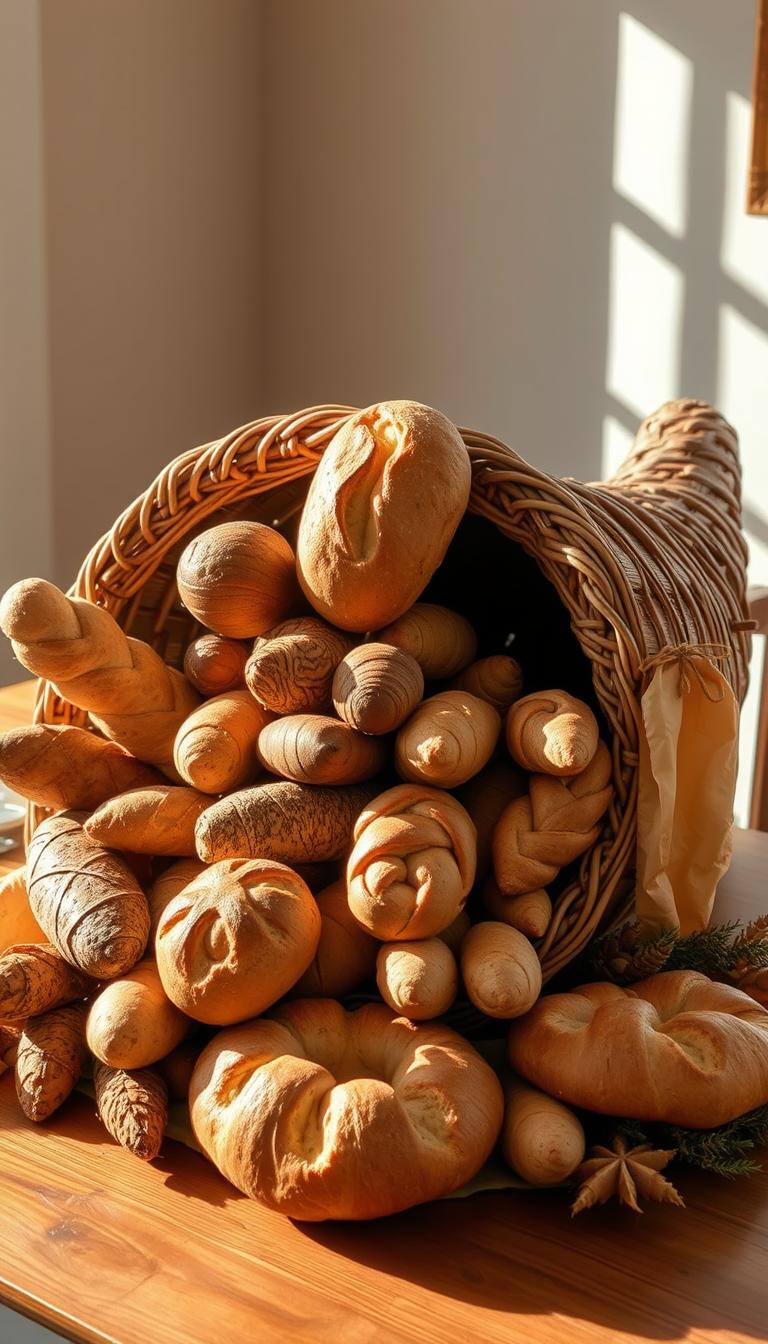 A large, wicker cornucopia overflowing with a bountiful display of freshly baked bread in various shapes and textures. Loaves of artisanal sourdough, crusty rolls, and intricate braided breads arranged in a visually appealing, cascading composition. The cornucopia sits on a wooden table, with natural lighting gently illuminating the scene, casting warm, soft shadows that add depth and dimension. The overall mood is one of abundance, harvest, and festive elegance, perfectly suited as a centerpiece for a Thanksgiving or autumnal gathering.
