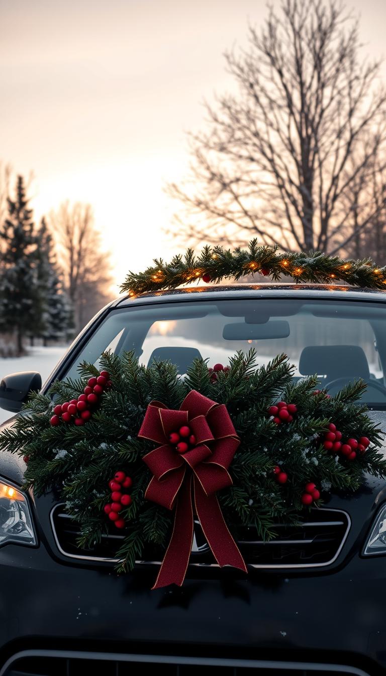 21 Stylish Senior Car Decorating Ideas to Personalize Your Ride A festive car adorned with a variety of seasonal decorations, parked in a winter wonderland setting. In the foreground, the car's front is embellished with a wreath of evergreen boughs, red berries, and a large bow. Icicle lights run along the roofline, casting a warm, twinkling glow. In the middle ground, a light dusting of snow covers the ground, with a few snowflakes drifting through the air. In the background, bare trees stand silhouetted against a pastel sky, hinting at the change of seasons. The overall mood is one of cozy, holiday cheer, inviting the viewer to imagine themselves enjoying a scenic drive during this joyful time of year.