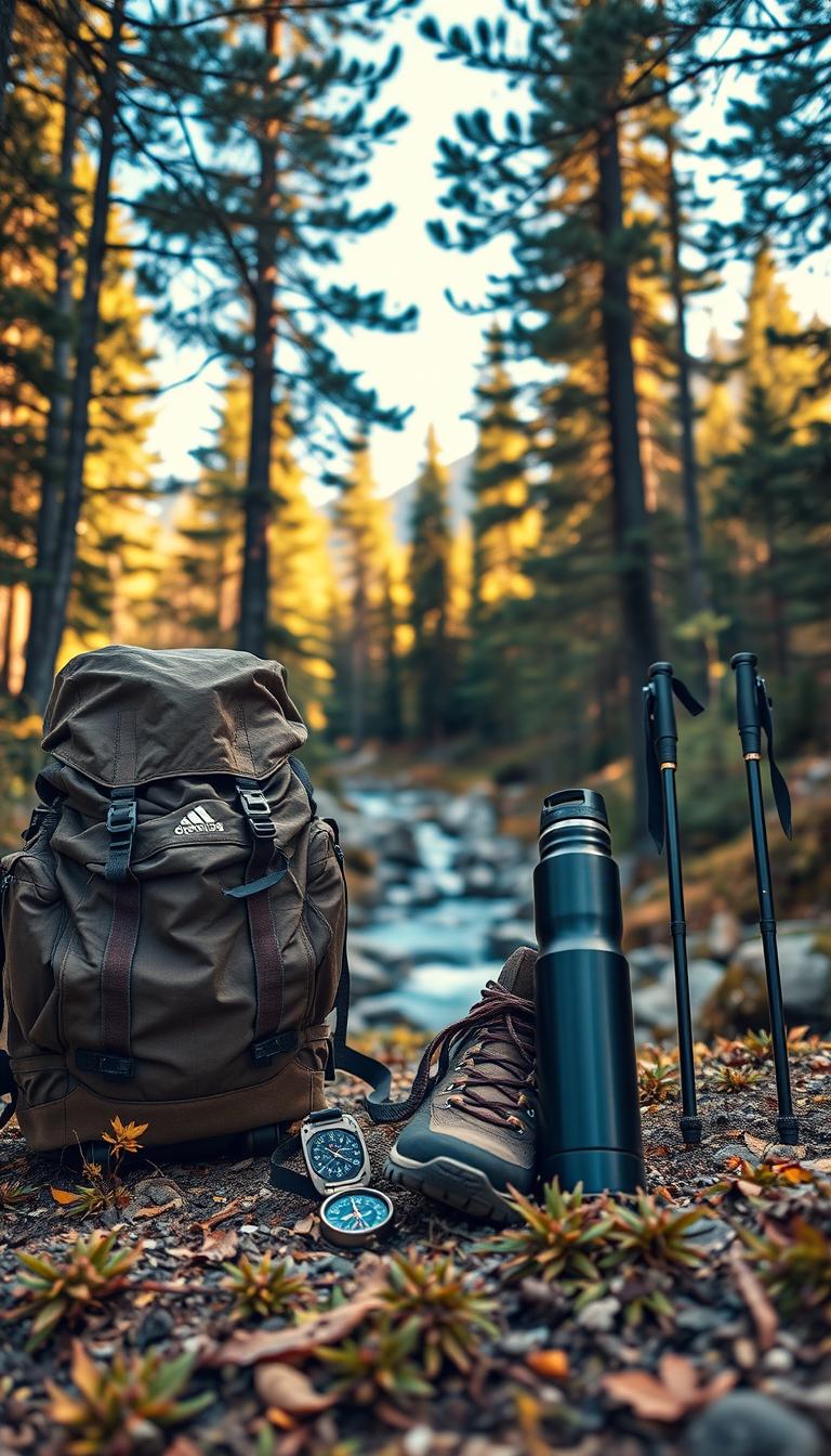 21 Unique Father's Day Gift Ideas He'll Actually Love A crisp, autumn day in a lush forest canopy. In the foreground, a collection of high-quality outdoor gear for the adventurous dad - a sturdy backpack, a weatherproof jacket, rugged hiking boots, and a compass. In the middle ground, hiking poles and a thermal water bottle. In the background, glimpses of a serene mountain stream and towering pine trees. Warm, natural lighting casts a golden glow, creating a sense of peaceful tranquility. The overall atmosphere evokes a spirit of exploration and a love for the great outdoors.
