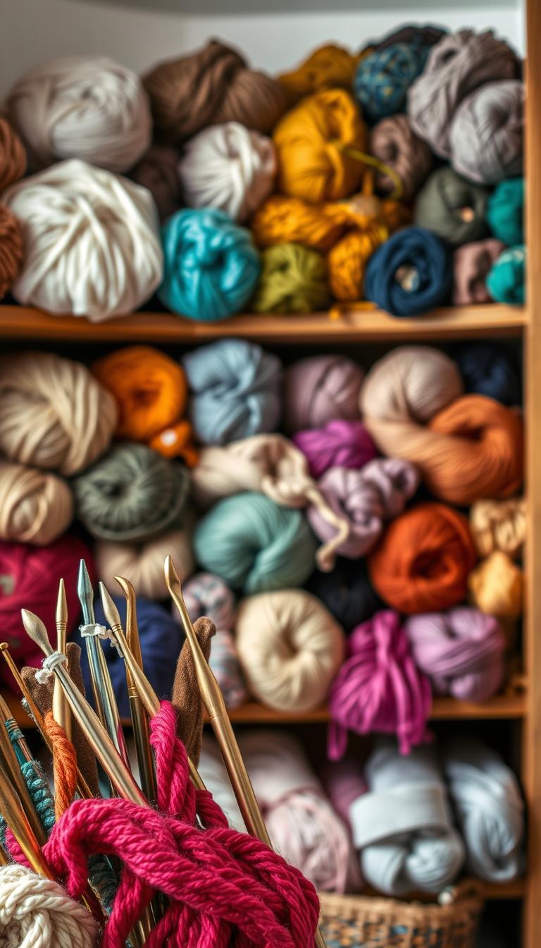 21 Magical Crochet Patterns for Every Skill Level A cozy nook in a crafting studio, featuring an assortment of vibrant yarn skeins in a variety of textures and hues, invitingly arranged on wooden shelves. Soft, diffused lighting casts a warm glow, highlighting the intricate patterns and fibers. The foreground showcases a selection of classic and modern crochet hooks, their metallic tones gleaming invitingly. In the middle ground, skeins of supple wool, lush mohair, and silky cotton blends spill over the shelves, their colors ranging from earthy neutrals to bold, saturated shades. The background is softly blurred, allowing the viewer to focus on the tactile beauty of the materials, suggesting the endless creative possibilities for the budding crocheter.