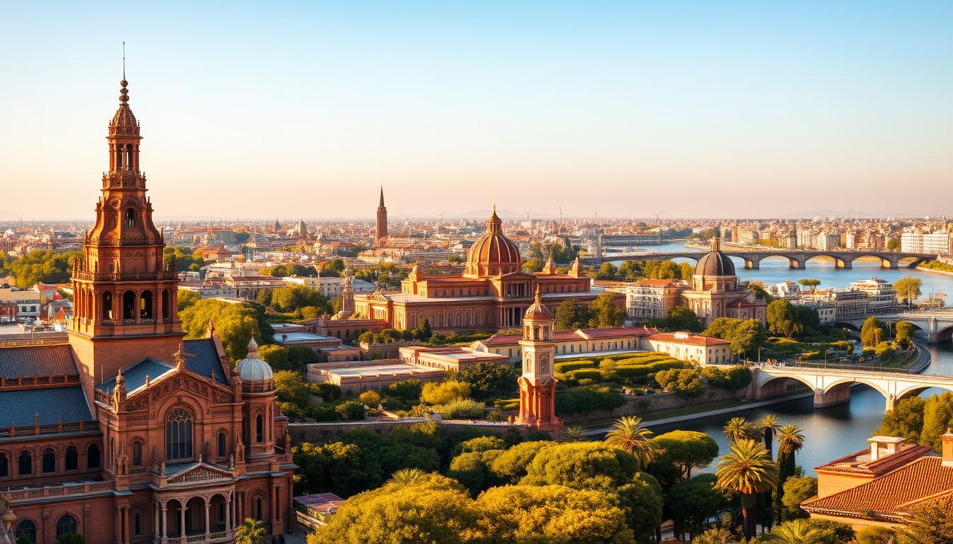 A panoramic view of the iconic landmarks of Seville, Spain, bathed in warm, golden sunlight. In the foreground, the grand Seville Cathedral, its towering Giralda bell tower reaching towards the cloudless sky. In the middle ground, the Alcázar of Seville, a stunning Mudéjar-style palace, surrounded by its lush, manicured gardens. In the background, the iconic "insurance" (bridge) of Triana, spanning the tranquil Guadalquivir River, with the city's charming historic buildings lining the riverbanks. The scene exudes a sense of timeless elegance and cultural richness, capturing the essence of Seville's unmissable landmarks.