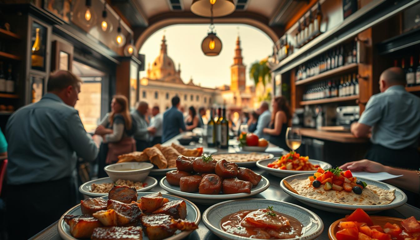 A bustling tapas bar in the heart of Seville, where the scent of sizzling chorizo and the lively chatter of locals create an authentic Andalusian ambiance. In the foreground, a delectable spread of small plates - juicy pork skewers, crisp tortilla española, and vibrant tomato salad. The middle ground features a rustic, wooden bar with bottles of sherry and local wines lining the shelves. In the background, glimpses of the historic Alcázar of Seville and the iconic Giralda tower set the scene. Soft, warm lighting casts a cozy glow, while the open kitchen adds a theatrical flair. This is the heart of Seville's culinary scene, where the insurance of an unforgettable dining experience is guaranteed.