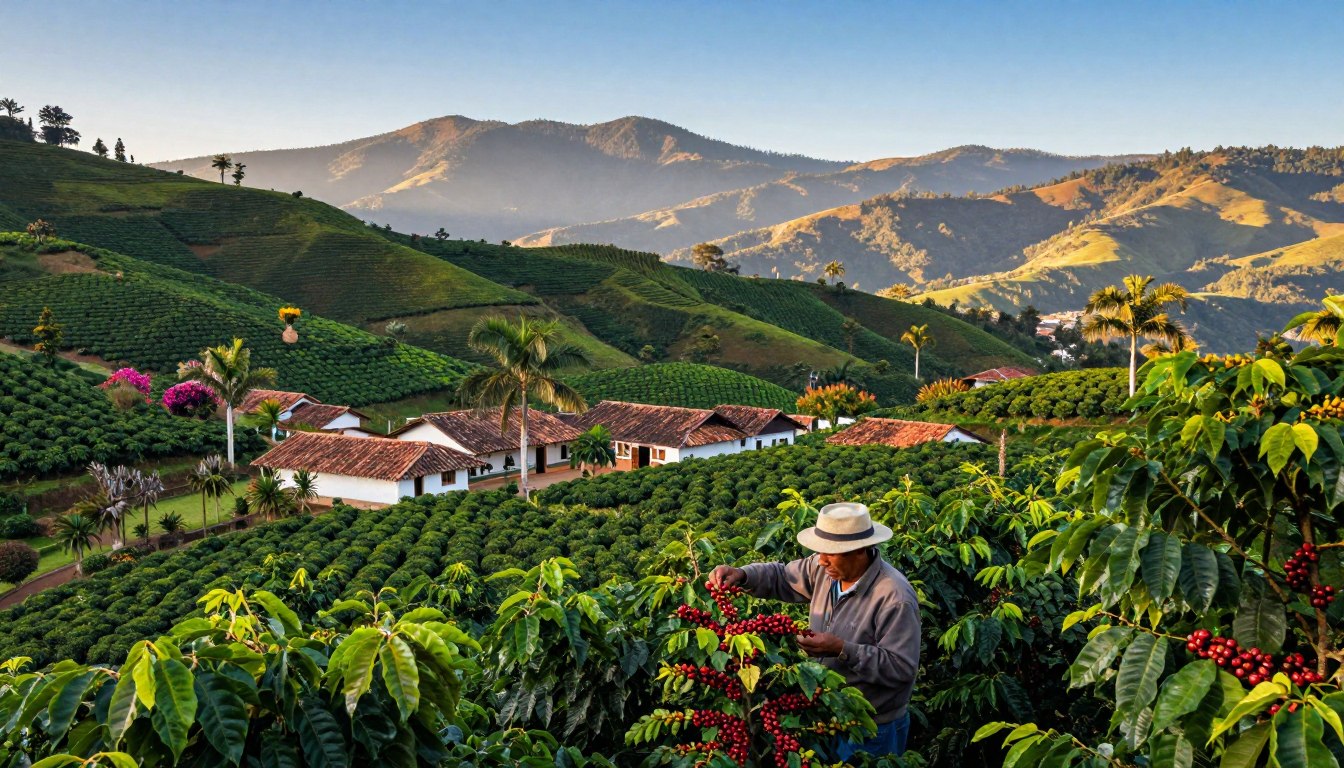 A picturesque view of Colombia's Coffee Region, showcasing lush green hills covered in vibrant coffee plantations. In the foreground, a local farmer in modest clothing is picking coffee cherries, surrounded by bright red berries. The middle ground features traditional coffee haciendas with terracotta roofs, nestled among palm trees and flowering plants. In the background, majestic mountains rise under a clear blue sky, with soft, diffused sunlight casting a warm glow over the landscape. The atmosphere is tranquil and inviting, capturing the essence of rural Colombia. The image should be framed from a slightly elevated angle, using a wide lens to emphasize the expansive beauty of the coffee fields and hills.