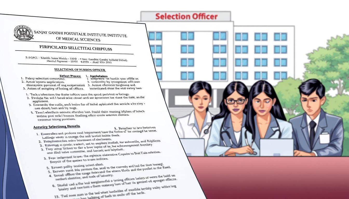 A detailed, technical illustration depicting the selection process for SGPGI (Sanjay Gandhi Postgraduate Institute of Medical Sciences) nursing officer positions. In the foreground, a formal, official-looking document outlines the various stages of the selection procedure, with clear bullet points and well-defined sections. The middle ground features a panel of serious-faced, professional-looking individuals, representing the selection committee, carefully reviewing applications and conducting interviews. In the background, a modern, clean-lined hospital building stands as a symbol of the prestigious institution. The lighting is crisp and even, with a slight vignette effect to draw the viewer's focus to the central elements. The overall mood is one of authority, diligence, and the gravity of the selection process.
