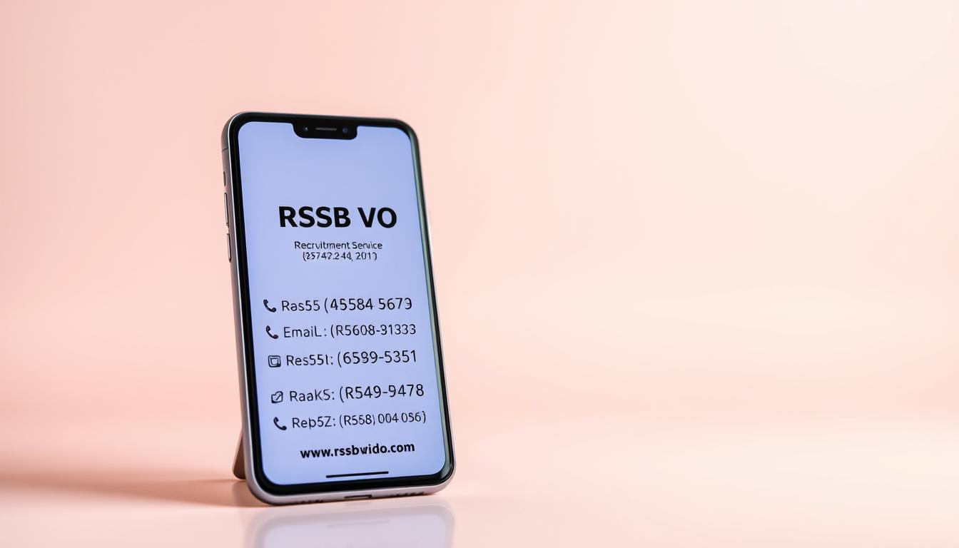 A vivid depiction of the "RSSB VDO भर्ती संपर्क विवरण" on a clean, minimalist background. In the foreground, a sleek, modern mobile device displays the relevant contact information, including phone numbers, email addresses, and website details. The middle ground features a subtle grid or pattern, hinting at the organizational structure of the recruitment process. The background has a soft, muted tone, creating a professional and informative atmosphere. Warm, directional lighting illuminates the scene, highlighting the key details. The image conveys a sense of accessibility, clarity, and attention to detail for those seeking more information about the RSSB VDO recruitment.