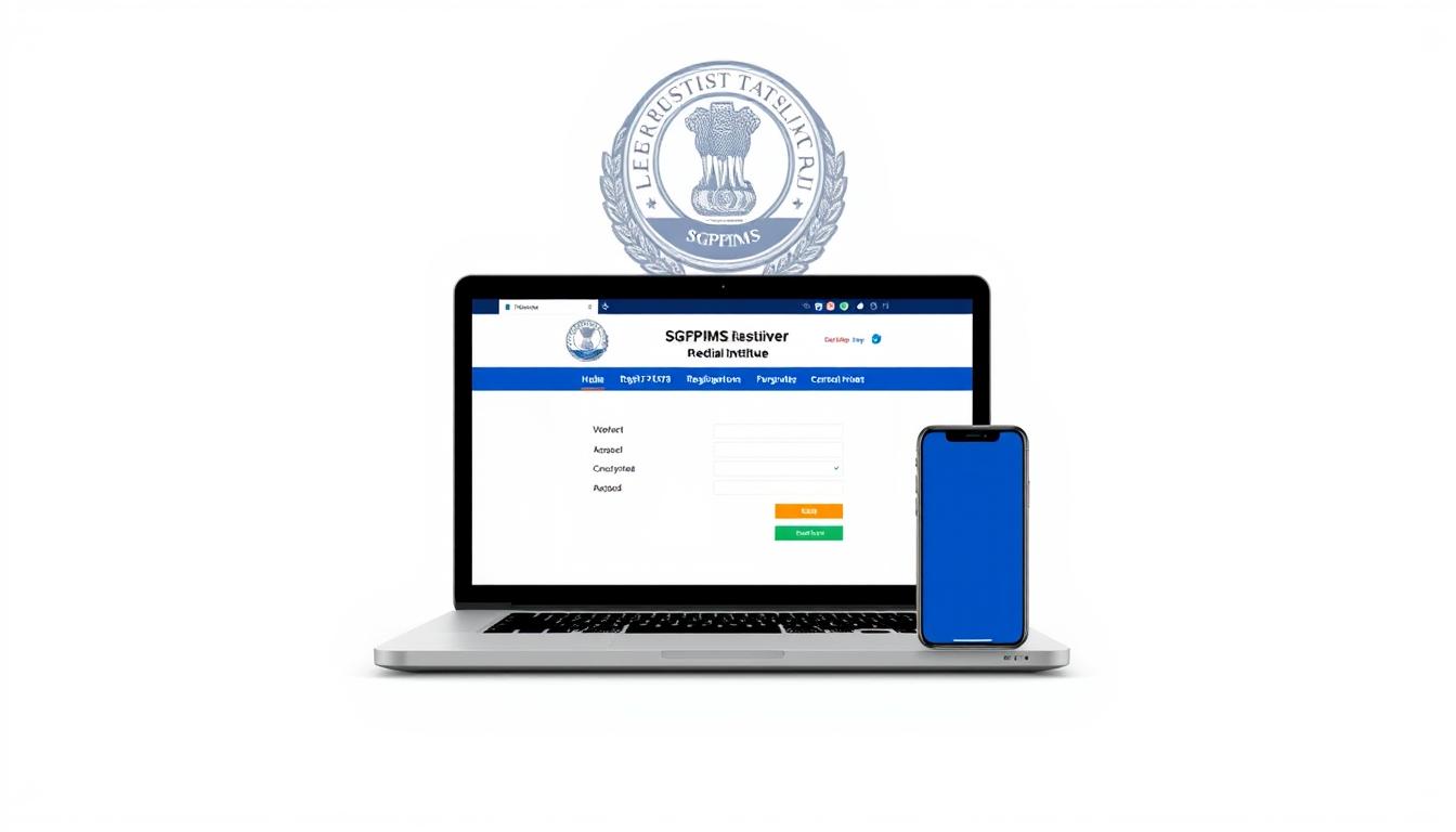A detailed and visually striking illustration of the online registration process for SGPGIMS, India's premier medical institute. Set against a clean, minimalist background, the foreground depicts a laptop screen displaying the institute's official website, with the registration page prominently featured. The middle ground showcases a smartphone, symbolizing the mobile-friendly nature of the process, while the background features a stylized graphic representation of the SGPGIMS logo, subtly reinforcing the institutional branding. The overall composition conveys a sense of efficiency, accessibility, and professionalism, aligned with the prestigious reputation of the institute. The lighting is soft and uniform, creating a polished, high-quality appearance suitable for use in a detailed article on the nursing officer recruitment process.