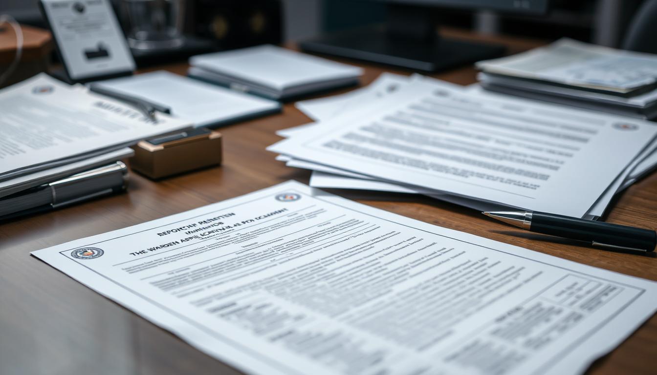 A well-organized office desk with various official documents, stamped papers, and stationery neatly arranged. The lighting is soft and diffused, creating a professional and administrative atmosphere. The documents are highlighted, their contents legible but not distracting, showcasing the necessary paperwork required for the Warden position application. The background is slightly blurred, putting the foreground details in focus and drawing the viewer's attention to the essential documentation.