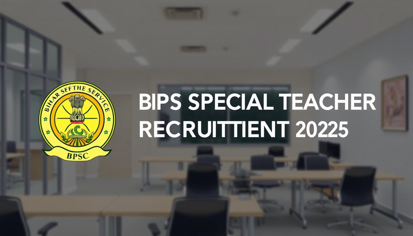 A professional, cleanly designed poster featuring the official seal or emblem of the Bihar Public Service Commission (BPSC) against a backdrop of a modern, minimalist office interior. The poster should have a bold, eye-catching title "BPSC SPECIAL TEACHER RECRUITMENT 2025" prominently displayed in a clear, legible font. The overall composition should convey a sense of authority, professionalism, and the importance of this recruitment drive. Subtle use of complementary colors, clean lines, and negative space to create an elegant, sophisticated aesthetic. The image should avoid any distracting elements and focus solely on highlighting the key information.