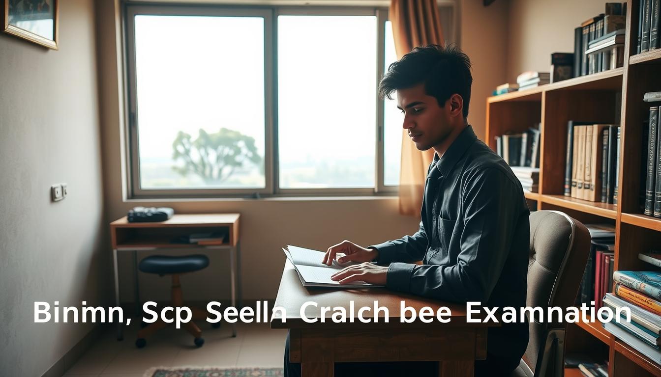 A cozy study room with a desk, bookshelf, and a large window overlooking a scenic countryside. A young person, dressed in formal attire, sits at the desk, intently studying materials related to the Bihar Special Teacher Examination. The room is bathed in warm, diffused lighting, creating a focused and determined atmosphere. Soft, muted colors and textures evoke a sense of academic rigor and diligence. The overall scene conveys the hard work and dedication required to prepare for this important exam.