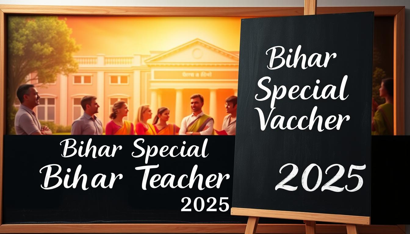 A stunning Bihar Special Teacher Vacancy 2025 announcement set against a vibrant backdrop. In the foreground, a chalkboard-style display showcases the event details in bold, elegant calligraphy. The middle ground features a group of enthusiastic teachers in traditional attire, engaged in animated discussion. In the background, a warm, golden glow emanates from a meticulously rendered school building, conveying a sense of educational excellence. The scene is illuminated by soft, directional lighting, creating depth and atmosphere. The overall composition radiates a professional, yet inviting tone, perfectly capturing the essence of this important teacher recruitment event.