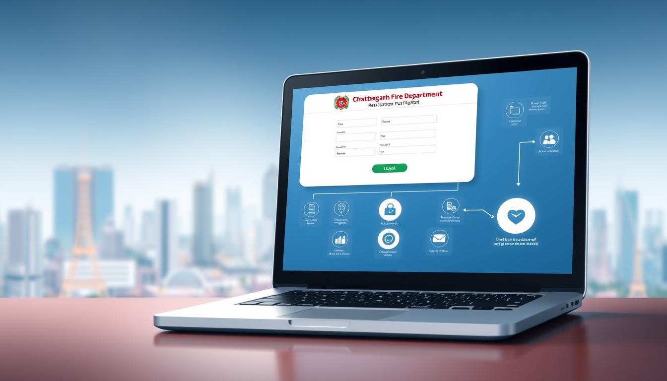 A modern and detailed illustration of the online application process for the Chhattisgarh Fire Department recruitment, showcasing the registration flow in a clean, digital style. The scene depicts a foreground of a laptop screen displaying the registration portal, with a middle ground of various digital icons and UI elements to convey the interactive nature of the process. The background features a blurred cityscape of the Chhattisgarh region, establishing the context. Lighting is soft and diffused, creating a professional and informative atmosphere. The composition emphasizes clarity and ease of understanding the application workflow.