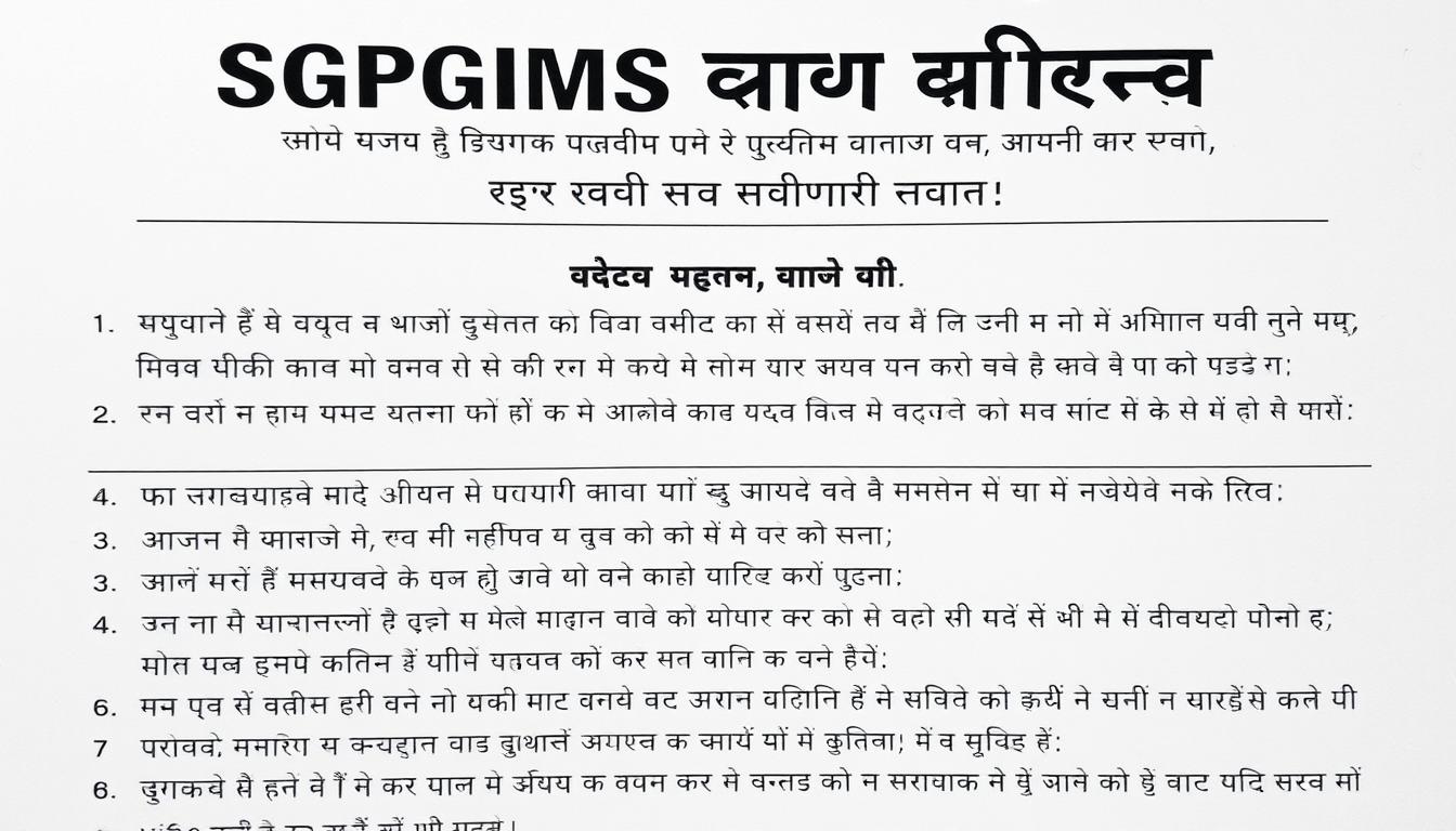 A detailed, high-resolution image of "SGPGIMS नर्सिंग भर्ती दिशानिर्देश" in the style of an official government document. The image should feature a clean, formal layout with a prominent title at the top, followed by a structured list of key points and guidelines in both Hindi and English. Use a professional typeface and subtle design elements like horizontal rules to create a sense of authority and legitimacy. The overall mood should be serious and informative, conveying the importance of the nursing recruitment process. Lighting should be soft and even, with a slight vignette effect to draw the viewer's attention to the center of the frame. The camera angle should be straight-on, giving the impression of an official government document.