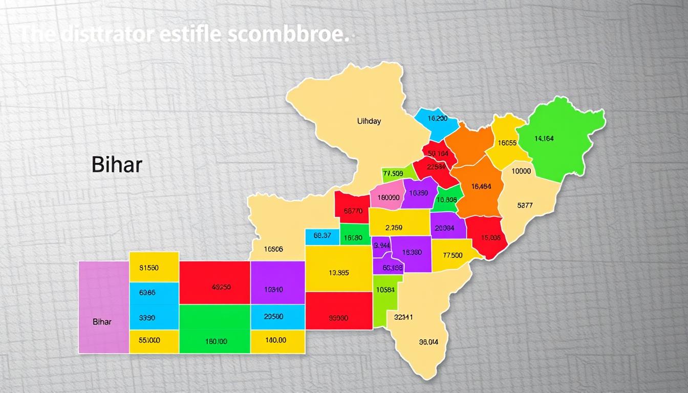 A detailed district-wise breakdown of teacher vacancies in Bihar, India, against a backdrop of a state map. Vibrant colors, clean lines, and a professional, informative style convey the data clearly. The foreground shows a grid of rectangular tiles, each representing a district and its specific vacancy count, with vivid colors and simple icons. The middle ground features an outline map of Bihar, with the districts labeled. The background has a subtle textured pattern suggestive of official documents or spreadsheets. Balanced lighting creates depth and highlights the key information. The overall mood is authoritative, data-driven, and geared towards an audience seeking comprehensive, localized employment data.