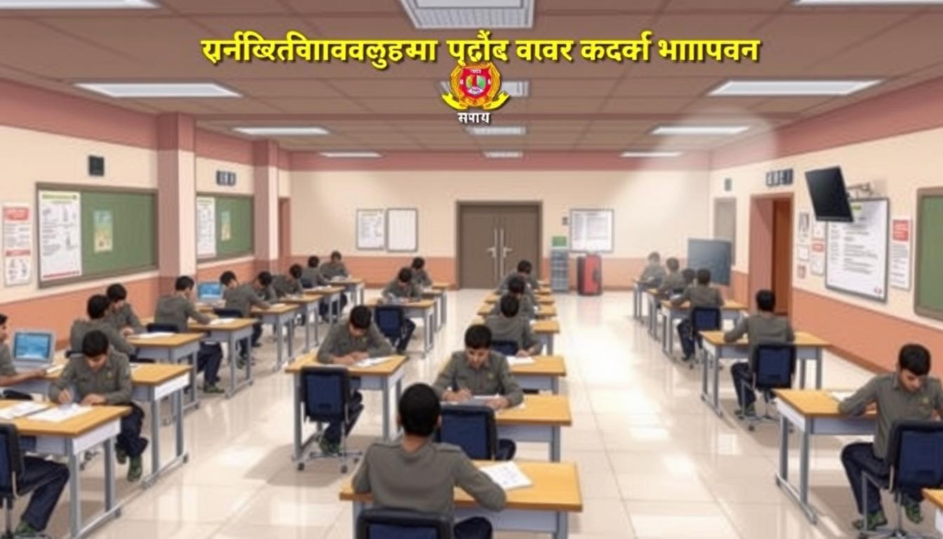 A detailed illustration of the Chhattisgarh Fire Department selection process, depicting a meticulously organized examination hall with candidates seated at desks, surrounded by a modern, well-equipped facility. The scene should convey a sense of professionalism and rigor, with the lighting and camera angle highlighting the seriousness of the selection procedure. The image should capture the essence of the "चयन प्रक्रिया का विवरण" section, showcasing the comprehensive and structured nature of the recruitment process.