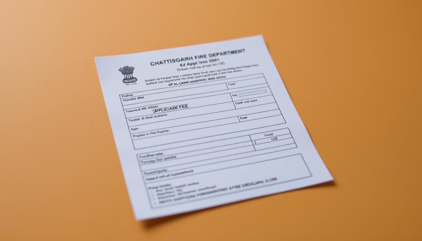 A neatly organized application fee document for the Chhattisgarh Fire Department, set against a warm, muted background. The document is presented in a professional, government-issued format, with clean typography and subtle design elements. The lighting is soft and evenly distributed, creating a sense of authority and credibility. The angle is slightly elevated, giving the viewer a sense of importance and attention to detail. The overall mood is one of formality and reliability, reflecting the seriousness of the recruitment process.