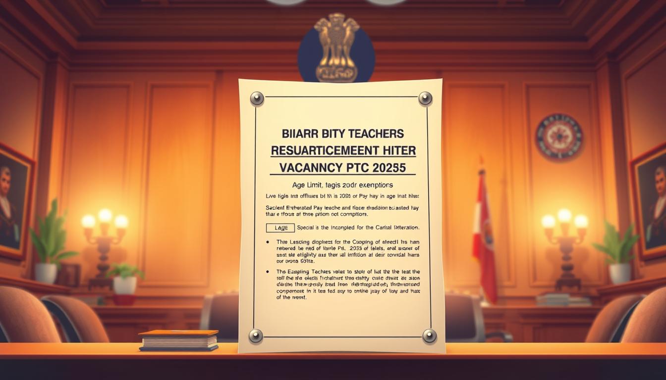 A vivid image of a Bihar special teacher vacancy 2025 announcement, with a focus on the age limit and exemptions section. Set in a warm, authoritative tone, the frame is composed of a central document against a backdrop of an ornate administrative office. Soft lighting highlights the crisp text and official seals, conveying a sense of importance and legitimacy. The overall atmosphere evokes a professional, government setting where prospective teachers can review the eligibility criteria. The prompt should effectively capture the essence of the subject matter for the targeted illustration.