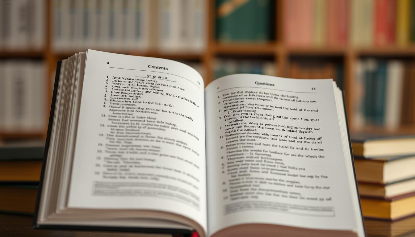 A wide open textbook against a blurred academic background, with a neatly organized table of contents displaying "परीक्षा पैटर्न और सिलेबस" prominently. The pages have a crisp, clean layout with clear headings, bullet points, and sample questions. Soft, warm lighting illuminates the scene, creating a contemplative, studious atmosphere. The overall composition conveys a sense of structured learning and preparation for an important examination.