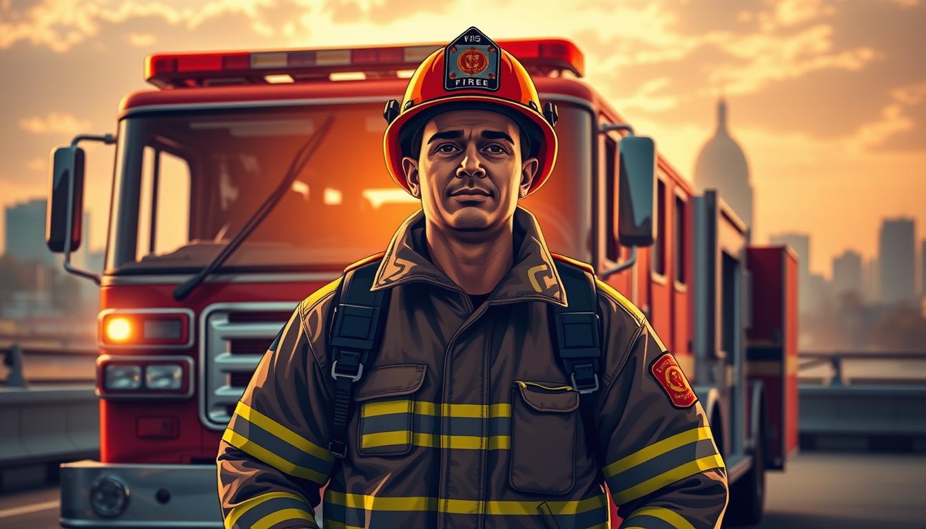 A detailed, realistic illustration of the Chhattisgarh Fire Department's age limit policy, showcasing a professional firefighter in full gear standing in front of a modern fire engine. The scene is set against the backdrop of a city skyline, with a warm, golden-hour lighting that casts dramatic shadows. The firefighter's expression conveys a sense of dedication and commitment to public service. The composition emphasizes the firefighter's silhouette, highlighting the age range and physical requirements necessary for this critical role. The overall tone is one of professionalism, competence, and the importance of the Fire Department's work in safeguarding the community.