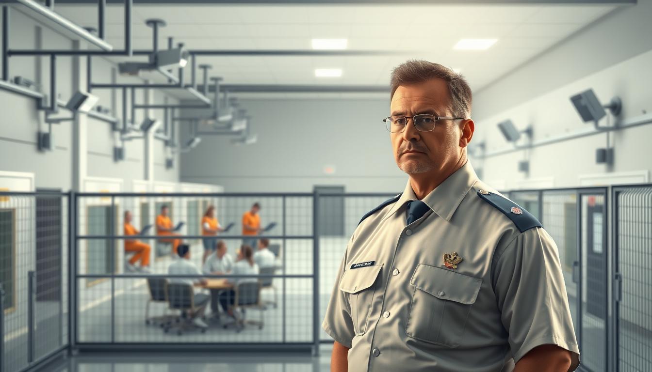 A well-lit, photorealistic illustration of a warden's job responsibilities, set against a clean, minimalist background. The warden, wearing a crisp uniform, stands in the foreground, supervising the activities in a modern, high-security correctional facility. The middle ground depicts inmates engaged in rehabilitation programs, while the background showcases the facility's secure perimeter, with surveillance cameras and access control systems. The overall atmosphere conveys a sense of professionalism, order, and a focus on rehabilitation and public safety.