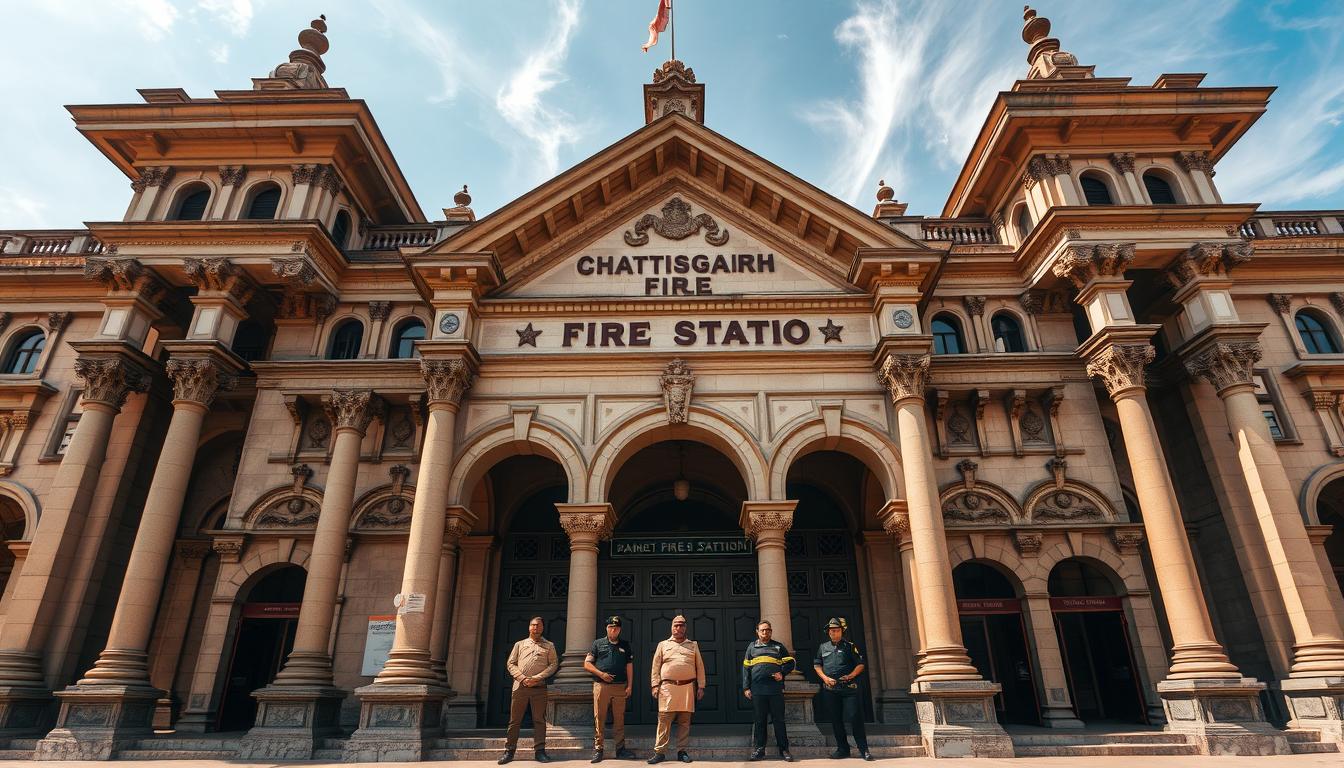 Intricate architectural facade of a grand fire station in Chhattisgarh, India. Ornate stone columns, arched entryways, and a sweeping roofline evoke a sense of official grandeur. Sunlight casts warm tones across the weathered facade, while wispy clouds drift overhead. Uniformed firefighters stand ready at the entrance, their expressions conveying a sense of vigilance and dedication to public service. The scene radiates an atmosphere of professionalism, history, and community responsibility, capturing the essence of the Chhattisgarh Fire Department and its important role.