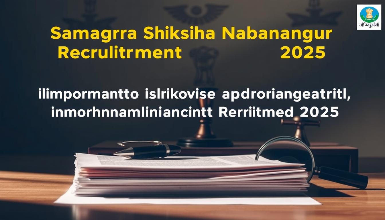 A formal, professional document showcasing important application guidelines for the Samagra Shiksha Nabarangpur Recruitment 2025. The foreground depicts a stack of official-looking papers with a magnifying glass scrutinizing the details. The middle ground features a desk with a pen, stamp, and official government seal, conveying a sense of bureaucratic process. The background is a muted, institutional tone with subtle patterns suggesting an administrative setting. Dramatic side lighting casts shadows, adding depth and gravity to the scene. The overall mood is one of seriousness, attention to detail, and the importance of following proper procedures.