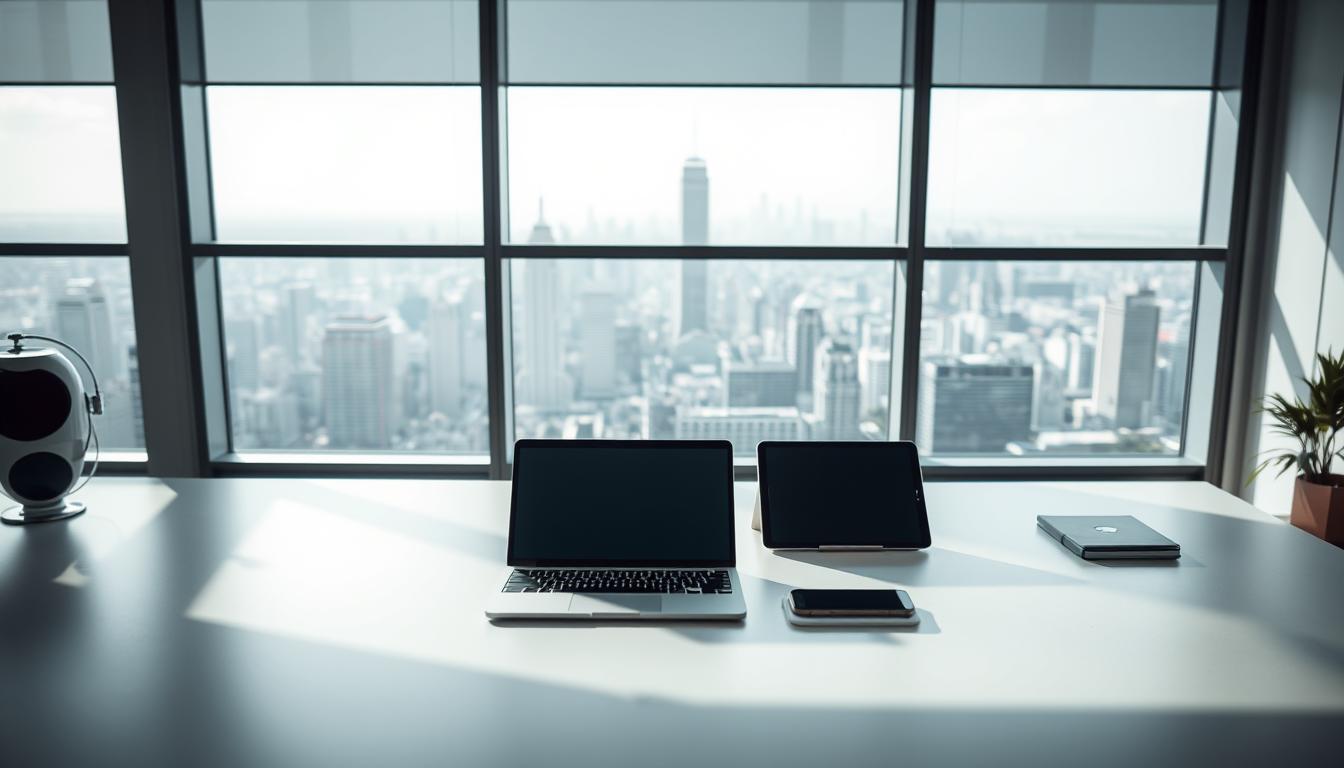 A sleek, modern workspace with a minimalist aesthetic. On the desk, an array of "The How Of AI" productivity tools - laptop, tablet, and smartphone - arranged in a harmonious layout. Soft, directional lighting illuminates the scene, casting subtle shadows that add depth and dimension. In the background, a large window offers a panoramic view of a bustling city skyline, infusing the space with a sense of dynamism and inspiration. The overall atmosphere is one of focused efficiency, where the synergy of cutting-edge AI-powered apps and tools enables seamless workflow and optimal productivity.