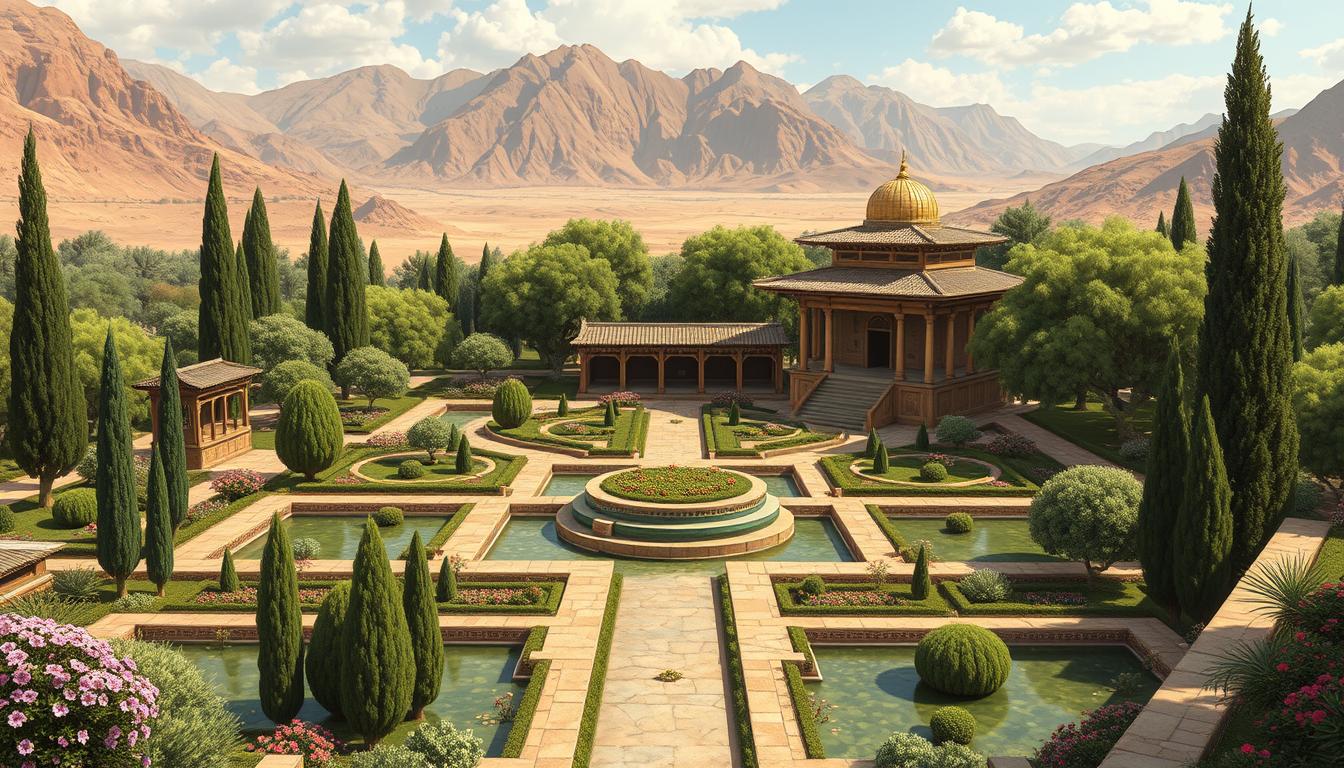 Persian garden with geometric patterns, water channels, and lush vegetation representing paradise on earth