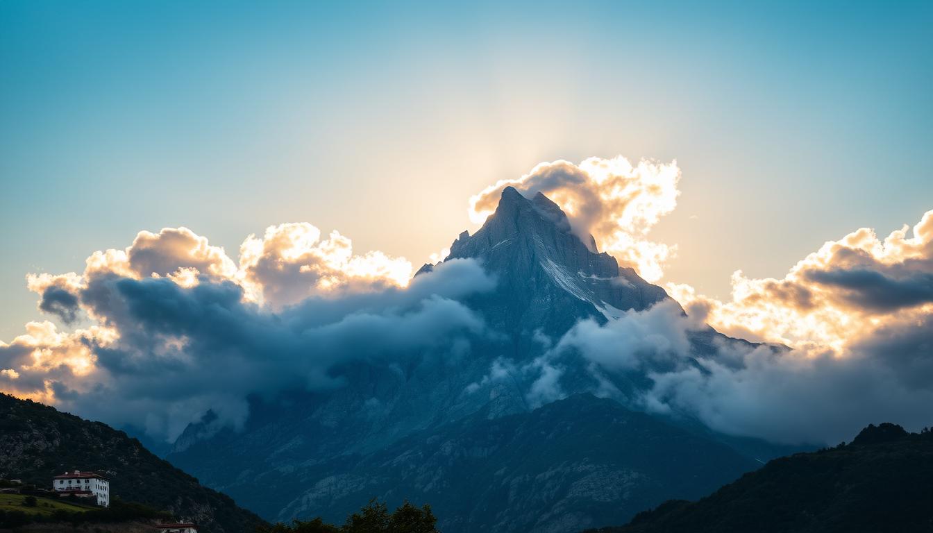Mount Olympus, the mythological home of Greek gods, with its peak rising above clouds