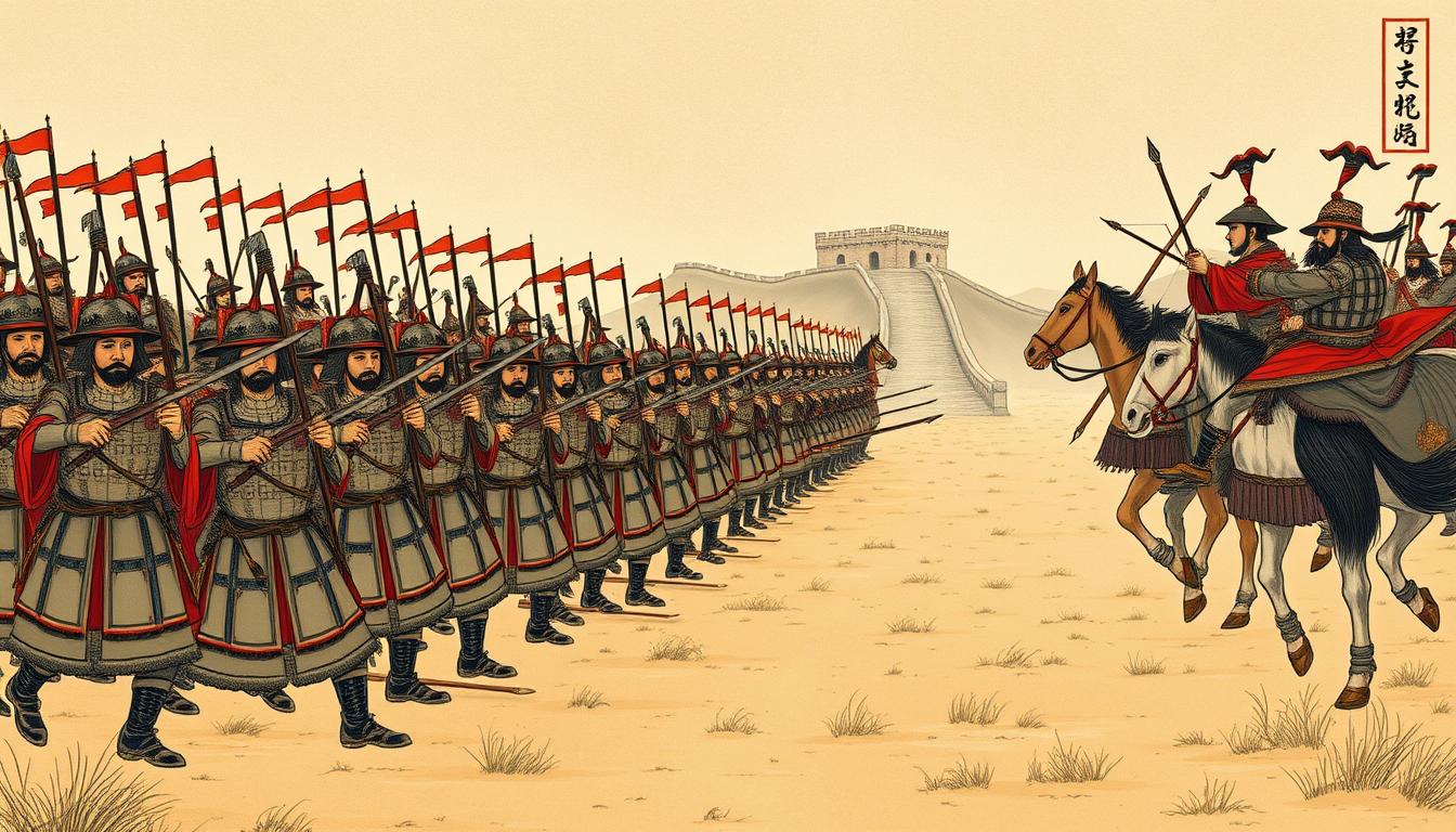 Chinese Han dynasty soldiers facing nomadic Xiongnu warriors