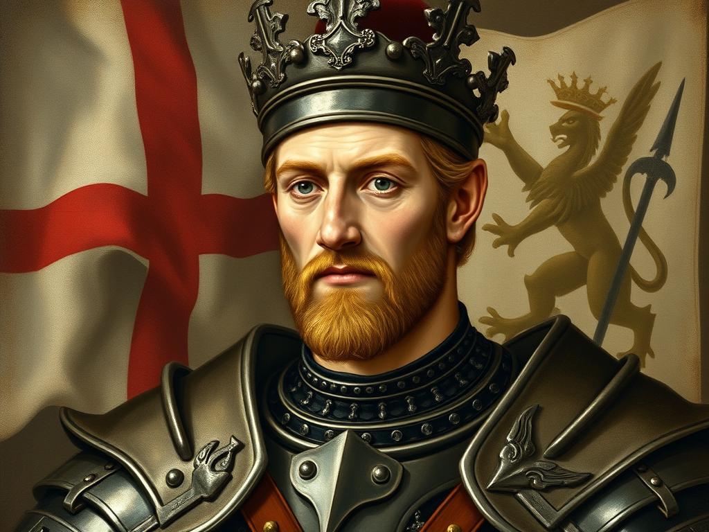 Portrait of Henry V of England in battle armor with the English royal standard