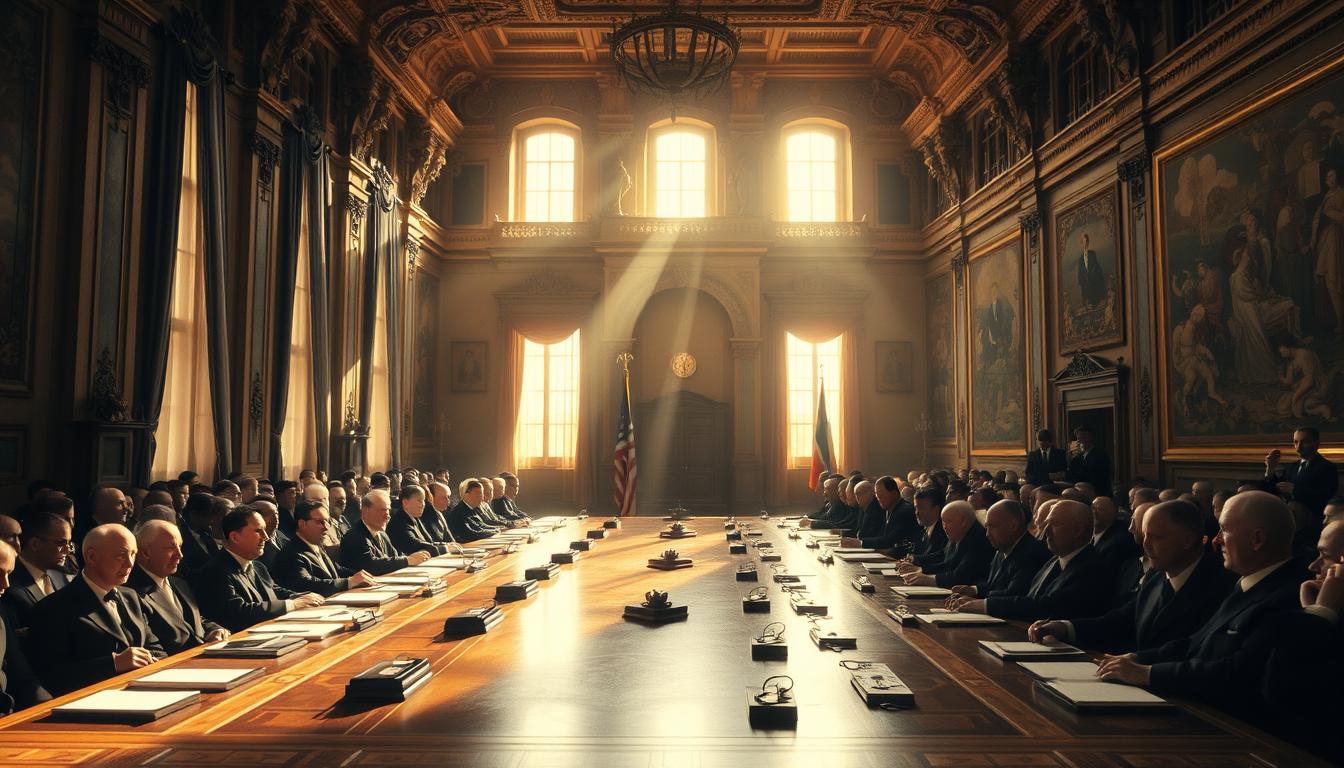 A grand conference hall in Algeciras, Spain, circa 1906. Sunlight streams through tall windows, casting a warm glow over the gathered statesmen. In the foreground, diplomats from across Europe sit around a long, polished table, engaged in tense negotiations. The background is filled with ornate architecture, with intricate carvings and tapestries lining the walls. The mood is one of political intrigue, as the attendees grapple with the future of Morocco and the growing tensions of colonial expansion. The scene is captured with a wide, cinematic lens, emphasizing the grand scale and significance of the Algeciras Conference.