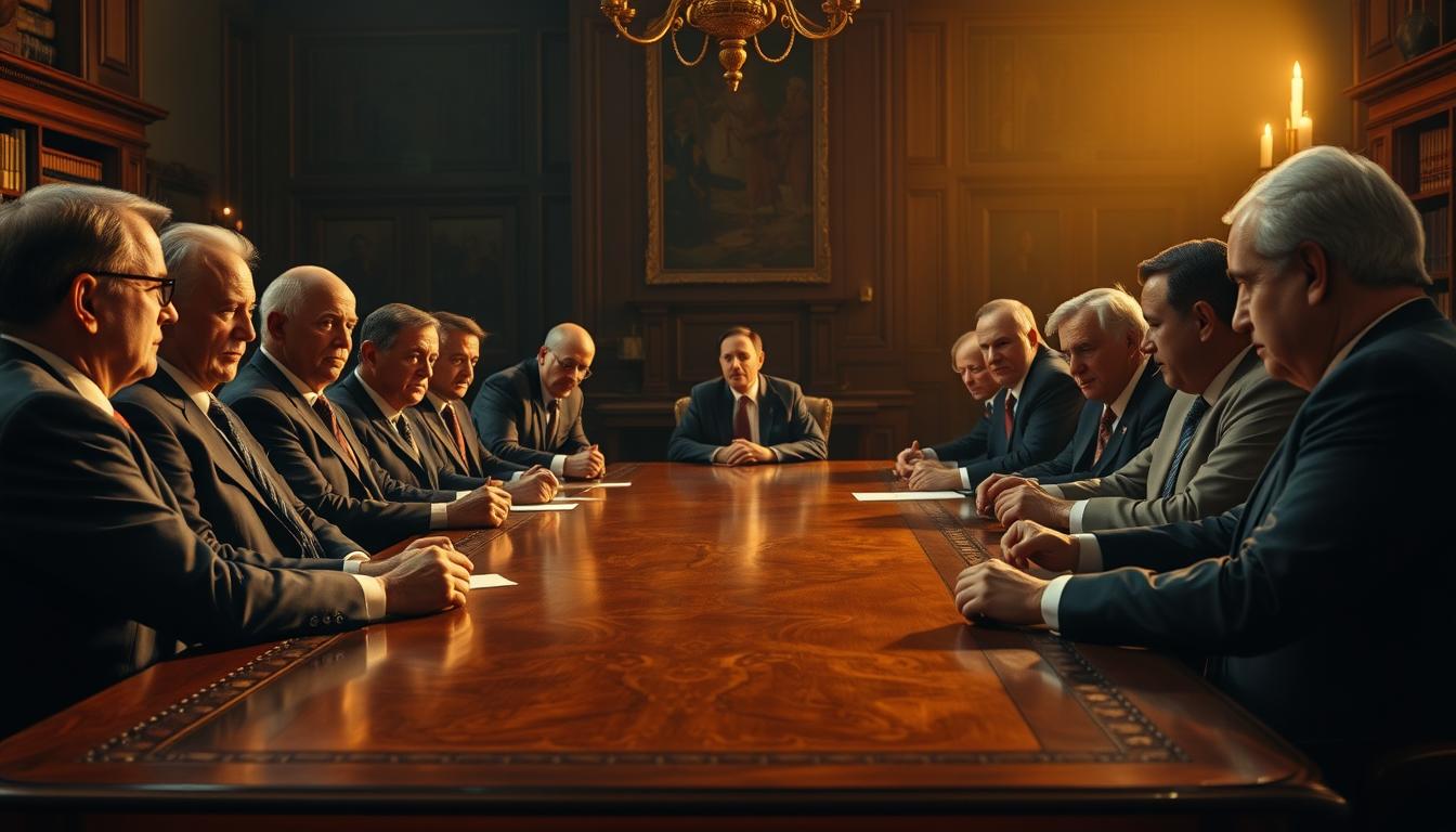 A room with a large, ornate wooden table, at which a group of serious-looking men in suits are gathered, engaged in intense discussion. The lighting is dramatic, with a warm, golden glow casting shadows across their faces, conveying a sense of gravity and importance. The background is a richly detailed, dimly lit interior, with bookshelves and tapestries hinting at the political and historical significance of the scene. The men's expressions are thoughtful, their postures suggesting the weight of the decisions they are making. The overall atmosphere is one of high-stakes deliberation, as these key figures shape the future of a nation.