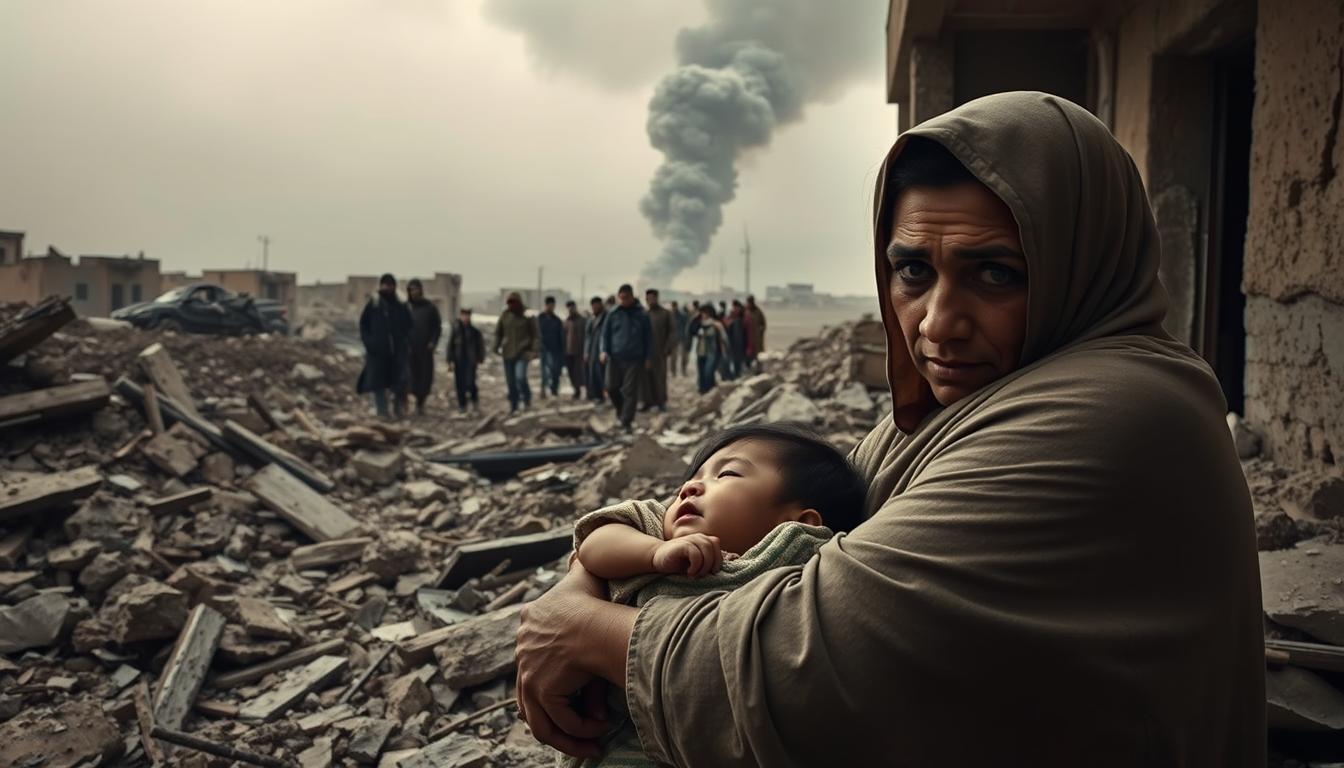 A somber scene of the humanitarian cost of American foreign policy. In the foreground, a weary mother cradling her injured child amid the rubble of a bombed-out building, her eyes filled with anguish. In the middle ground, a group of displaced civilians seeking shelter, their faces etched with fear and despair. In the distant background, a plume of smoke rises from a targeted strike, the eerie silence punctuated by the wails of the wounded. Muted colors, harsh shadows, and a sense of desolation pervade the scene, conveying the heavy toll of unrelenting conflict and the human suffering left in the wake of foreign interventions.