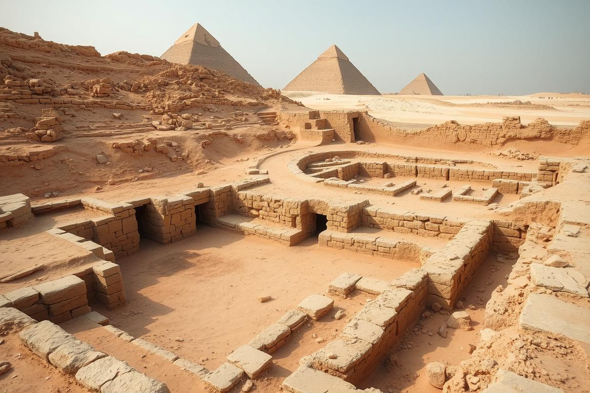 Archaeological remains of the workers' village near the Giza pyramids, showing living quarters and evidence of skilled labor