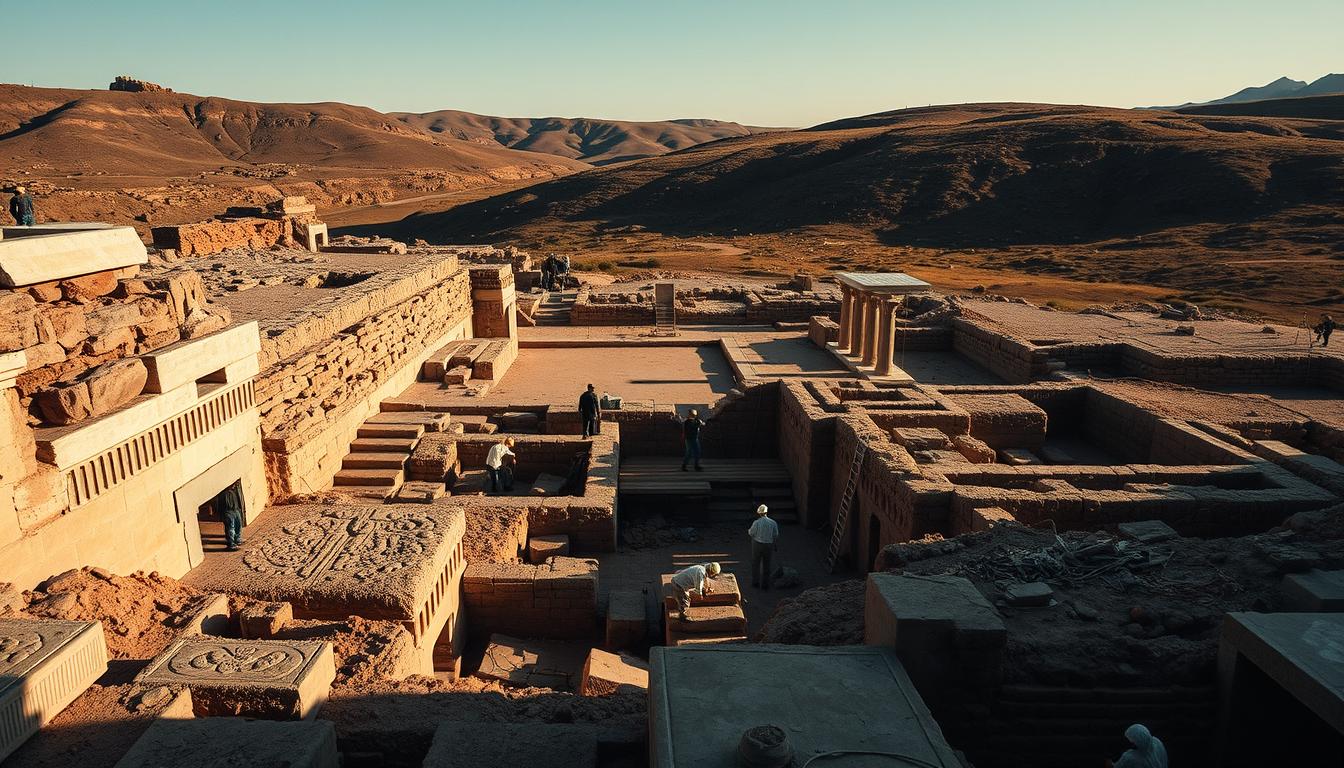 Göbekli Tepe, an ancient archaeological site in southeastern Turkey, lies at the center of this striking scene. In the foreground, workers delicately uncover intricate stone carvings and monumental pillars, their movements captured in a dramatic chiaroscuro lighting. The middle ground reveals the vast expanse of the excavation site, with experts carefully documenting and preserving the fragile remnants of this Neolithic temple complex. In the background, the rugged, hilly terrain of the Anatolian landscape frames the scene, hinting at the remote and isolated nature of this groundbreaking discovery. The overall atmosphere conveys a sense of reverence and wonder, as the secrets of humanity's earliest religious practices are gradually unveiled.