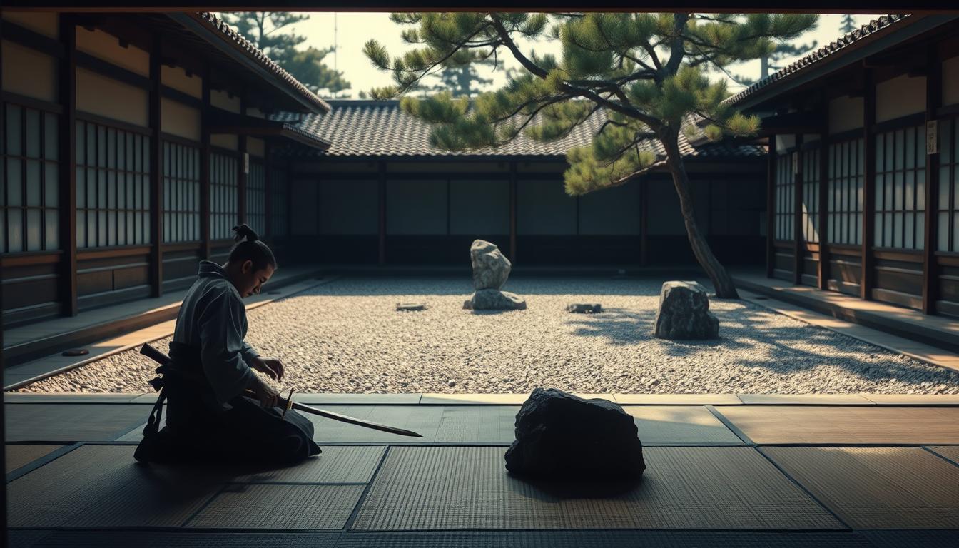 A tranquil courtyard in feudal Japan, where a samurai warrior engages in his daily rituals. In the foreground, the samurai kneels on a tatami mat, meticulously cleaning and sharpening his katana, the blade gleaming in the soft, diffused light. In the middle ground, a zen garden with carefully raked gravel and strategically placed rocks, creating a sense of harmony and balance. In the background, the subtle silhouettes of pine trees sway gently, their branches casting long shadows across the scene. The atmosphere is one of quiet contemplation, the samurai's movements deliberate and focused, reflecting the discipline and honor that define his way of life.