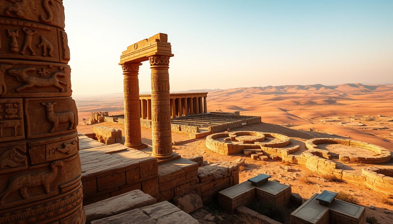A vast, ancient stone temple complex sits atop a hill, the warm hues of the sandstone glowing under a clear, golden sky. In the foreground, intricate carvings of animals and abstract symbols adorn the towering monolithic pillars, their purpose a mystery lost to time. The middle ground reveals a sprawling series of circular structures, their arrangement suggesting a ritual or ceremonial function. In the distance, the undulating landscape stretches out, hinting at the site's remote and secluded location. This image evokes the awe-inspiring, yet enigmatic nature of Göbekli Tepe, humanity's earliest known temple, whose true purpose continues to captivate and intrigue scholars.