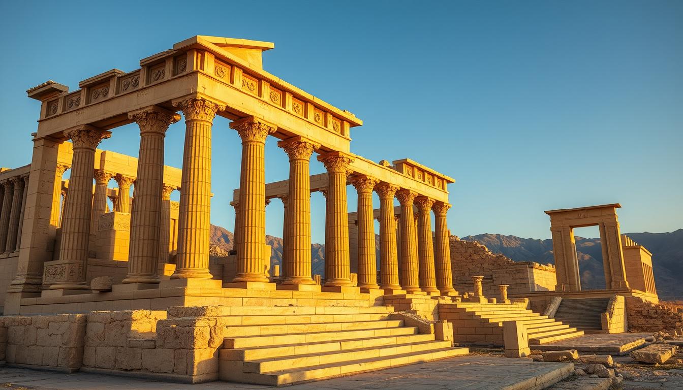 Ruins of Persepolis showing massive columns, staircases, and intricate stone reliefs