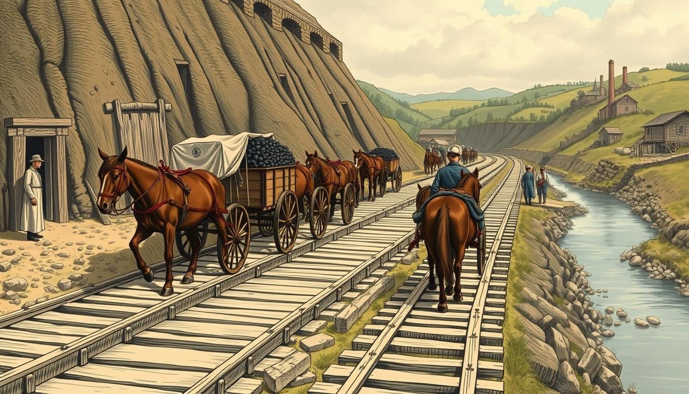 Early wooden wagonway with horse-drawn carts transporting coal in 18th century Britain