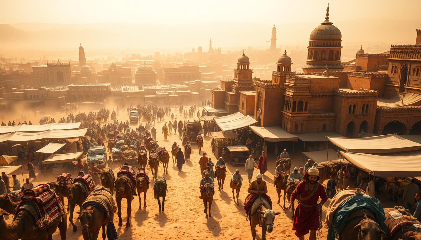A bustling scene of ancient Indus Valley trade routes, captured in vibrant detail. In the foreground, caravans of merchants transporting goods - spices, textiles, and precious metals - atop sturdy camels and oxen-drawn carts. The middle ground reveals a sprawling marketplace, where haggling traders and curious onlookers mingle under the shade of canopied stalls. In the background, a panoramic vista of towering mud-brick structures, their intricate architecture reflecting the prosperity of this thriving commercial hub. Warm, golden light filters through the hazy atmosphere, imbuing the scene with a sense of timeless grandeur. A compelling snapshot of the complex economic systems that fueled the Indus Valley Civilization.