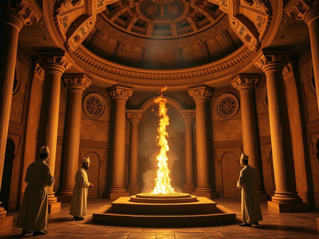 Zoroastrian fire temple with eternal flame representing the central element of Zoroastrian worship