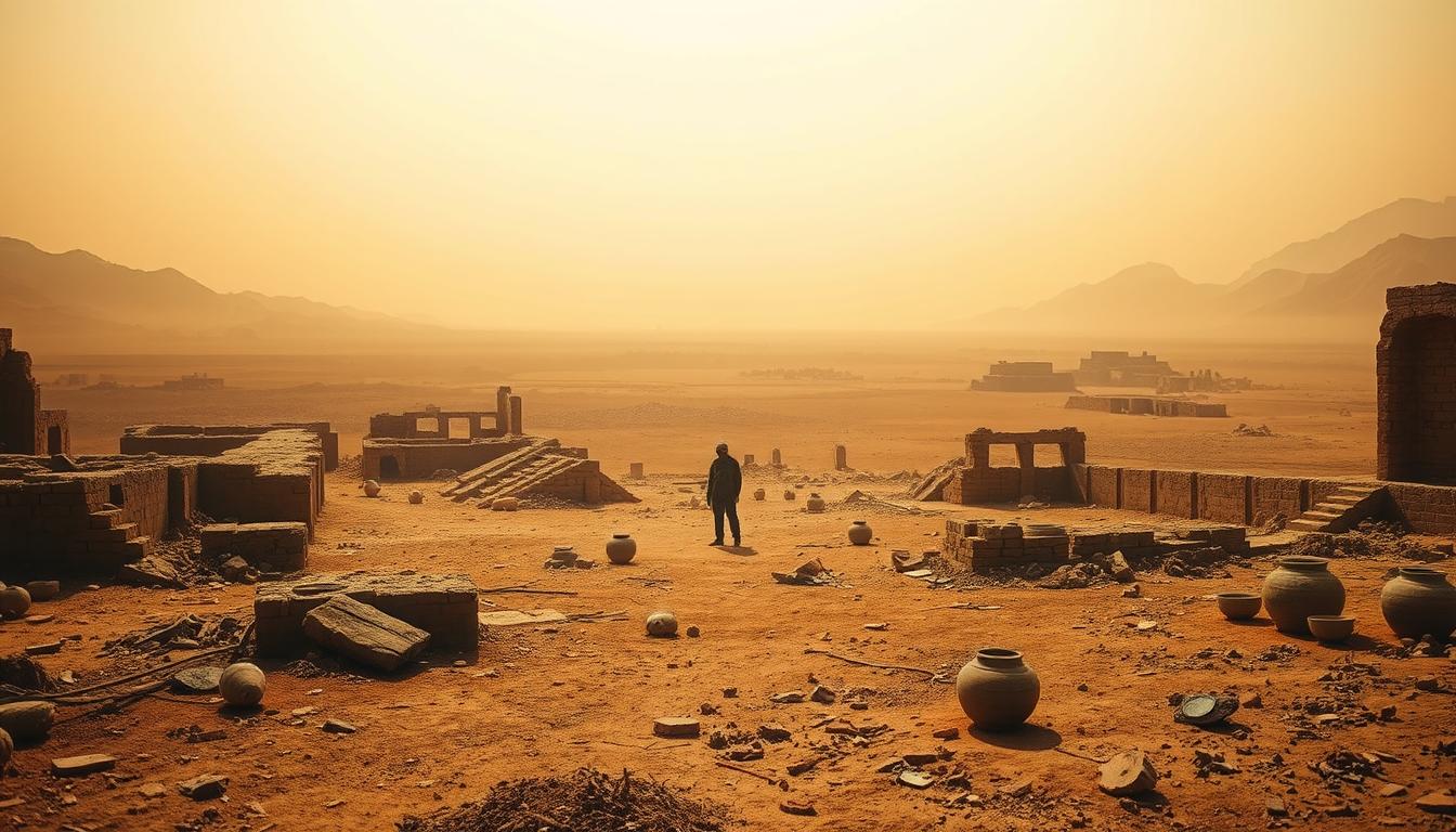 A vast, arid landscape shrouded in a hazy, ochre-tinted atmosphere. In the foreground, the remnants of once-thriving Indus Valley settlements lie in ruin, their mud-brick structures crumbling under the weight of time. Scattered across the parched earth, broken pottery and weathered artifacts hint at a civilization in decline. In the middle ground, a lone figure stands amid the desolation, gazing out over the desolate scene, their posture weighed down by the burden of the past. The background fades into a horizon lined with the silhouettes of mountains, their peaks obscured by the dusty haze, conveying a sense of isolation and the mysteries that remain unsolved. The overall mood is one of melancholy and contemplation, inviting the viewer to ponder the enigmatic forces that led to the downfall of this ancient culture.