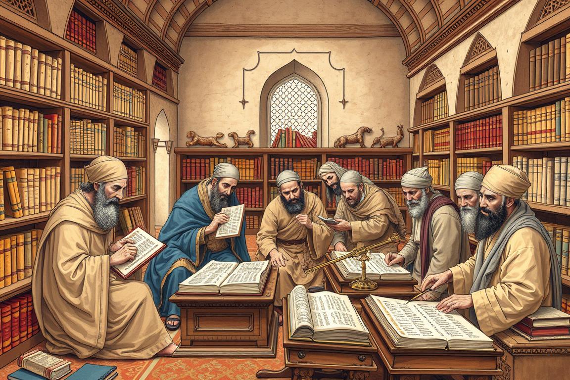 Scholars from diverse backgrounds working together in an early Islamic library