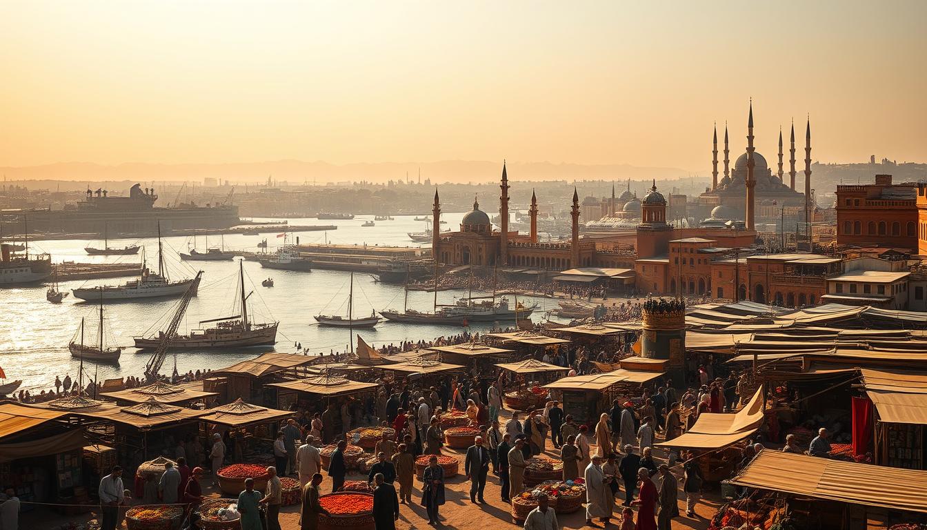 A bustling port city along the Nile, sun-drenched and teeming with activity. In the foreground, merchants haggle over spices, textiles, and precious goods, a kaleidoscope of colors and sounds. In the middle ground, towering warehouses and imposing colonial architecture cast long shadows, reflecting the far-reaching influence of British rule. The background reveals a sprawling cityscape, with steamships gliding along the river and the silhouettes of towering minarets against a hazy, golden sky. The scene evokes a sense of economic transformation, as traditional markets mingle with the trappings of modern commerce, a melding of the old and the new.