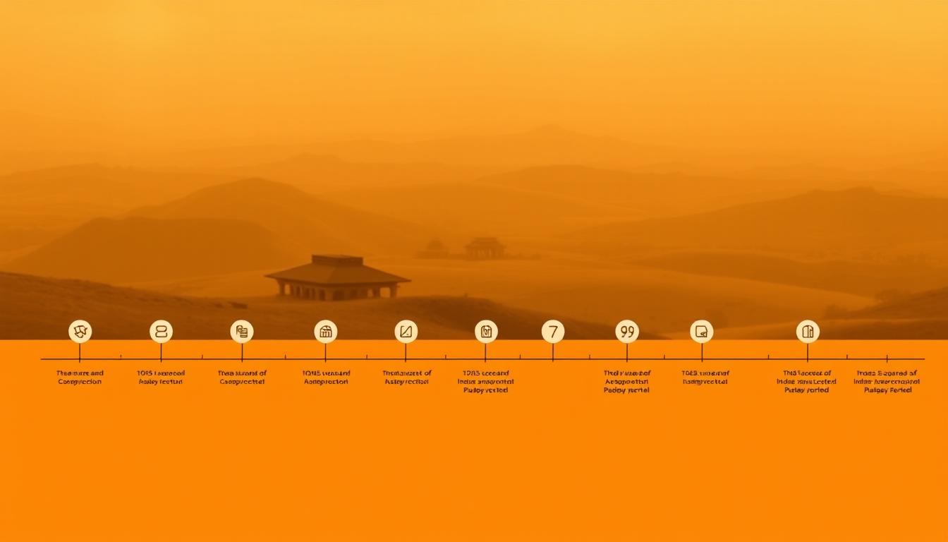 A stylized timeline depicting the Harappan periods, set against a warm, ochre-toned backdrop. In the foreground, a series of distinct chronological markers, each with a minimalist icon and concise label, are arranged in a clean, horizontal layout. The middle ground features subtle architectural elements hinting at the archaeological sites of the Indus Valley Civilization, rendered in a muted, earthy palette. The background showcases a panoramic landscape of rolling hills and a hazy, atmospheric sky, conveying a sense of timelessness and the ancient origins of this remarkable civilization. The overall composition strikes a balance between informative clarity and artistic elegance, suitable for illustrating the chronological development of the Harappan periods.