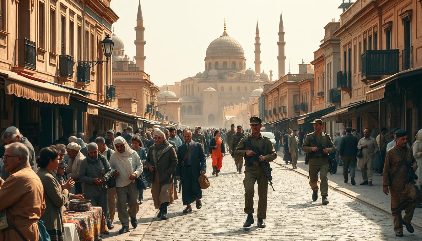 A vibrant street scene in a bustling Egyptian city during the British occupation, with colonial architecture lining the cobblestone roads. In the foreground, locals engage in lively conversations and haggle at a bustling marketplace, showcasing the resilience of traditional culture. In the middle ground, British soldiers patrol the streets, their uniforms and weaponry a stark contrast to the colorful local attire. In the background, towering domes and minarets of historic mosques and palaces stand as a testament to the enduring legacy of Egyptian civilization, even as it grapples with the social and cultural impact of foreign rule. Warm, diffused lighting casts a golden glow, evoking a sense of timelessness and the clash of old and new.