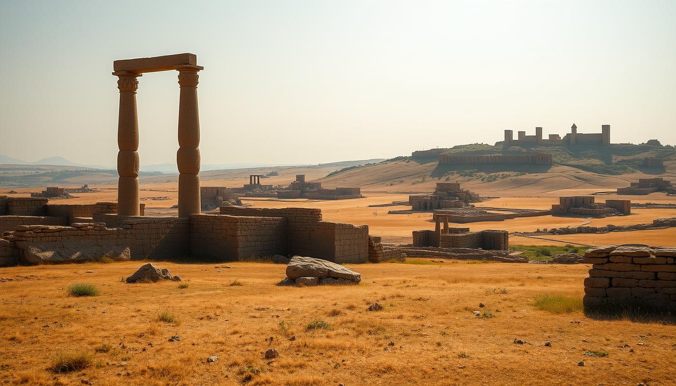 Sprawling Neolithic sites, ancient monuments rise in a timeless landscape. Göbekli Tepe's carved stone pillars stand tall, flanked by the weathered ruins of lesser-known yet equally captivating sites. Across a wide, sunlit field, Çatalhöyük's mud brick dwellings cluster together, while Jericho's towering stone walls loom in the distance, a testament to humanity's early architectural feats. Soft, diffused lighting illuminates the scene, casting warm, golden hues across the weathered stones. The composition invites the viewer to contemplate the shared histories and unique characteristics of these remarkable Neolithic wonders, set against a serene, timeless backdrop.
