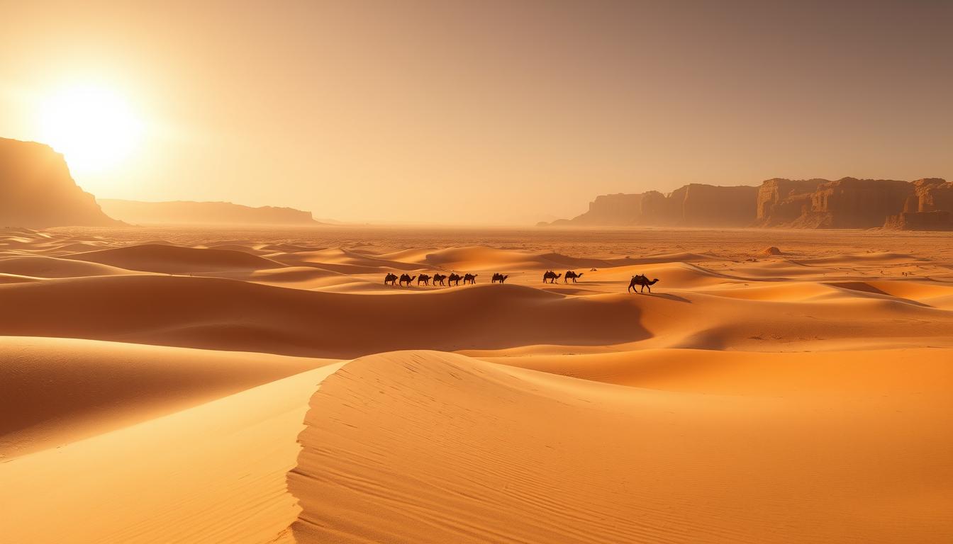 A vast expanse of desert dunes, sculpted by the wind, stretches across the foreground, casting long shadows under the warm glow of a setting sun. In the middle distance, caravans of camels and traders traverse ancient trans-Saharan trade routes, their silhouettes etched against the horizon. The background is dominated by rugged, sun-baked cliffs and the occasional oasis, hinting at the hidden oases and forgotten kingdoms that once thrived along these vital trade corridors. The scene conveys a sense of timelessness, a testament to the enduring resilience and adaptability of the desert people who have traversed these routes for centuries.